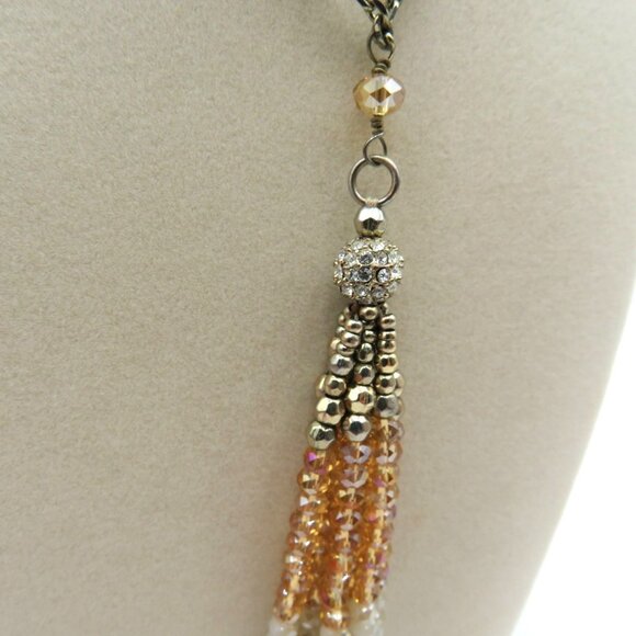 Tassel Beaded Necklace Crystal Encrusted Bead Champagne Cream Beads Silver Tone - Picture 6 of 8